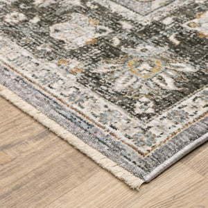 HomeRoots 2' Elegant Grey and Blue Oriental Runner Rug - Stain-Resistant, Power-Loomed, Tassel Fringe Design 5' X 8' 509431