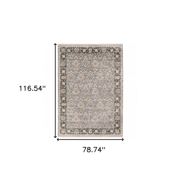 HomeRoots 2' Elegant Grey and Blue Oriental Runner Rug - Stain-Resistant, Power-Loomed, Tassel Fringe Design 7' X 10' 509432