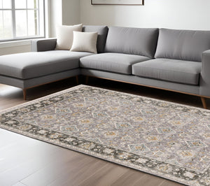 HomeRoots 2' Elegant Grey and Blue Oriental Runner Rug - Stain-Resistant, Power-Loomed, Tassel Fringe Design 7' X 10' 509432