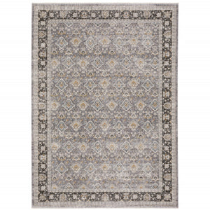 HomeRoots 2' Elegant Grey and Blue Oriental Runner Rug - Stain-Resistant, Power-Loomed, Tassel Fringe Design 8' X 11' 509433