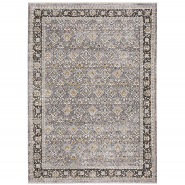 HomeRoots 2' Elegant Grey and Blue Oriental Runner Rug - Stain-Resistant, Power-Loomed, Tassel Fringe Design 8' X 11' 509433