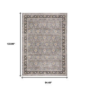 HomeRoots 2' Elegant Grey and Blue Oriental Runner Rug - Stain-Resistant, Power-Loomed, Tassel Fringe Design 8' X 11' 509433