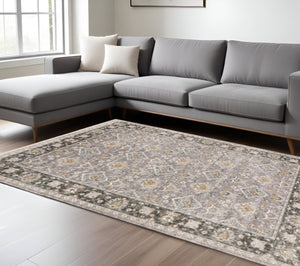 HomeRoots 2' Elegant Grey and Blue Oriental Runner Rug - Stain-Resistant, Power-Loomed, Tassel Fringe Design 10' X 13' 509434