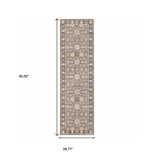 Homeroots 2' X 8' Grey And Ivory Oriental Power Loom Stain Resistant Runner Rug With Fringe Grey,Ivory Polyester 509435