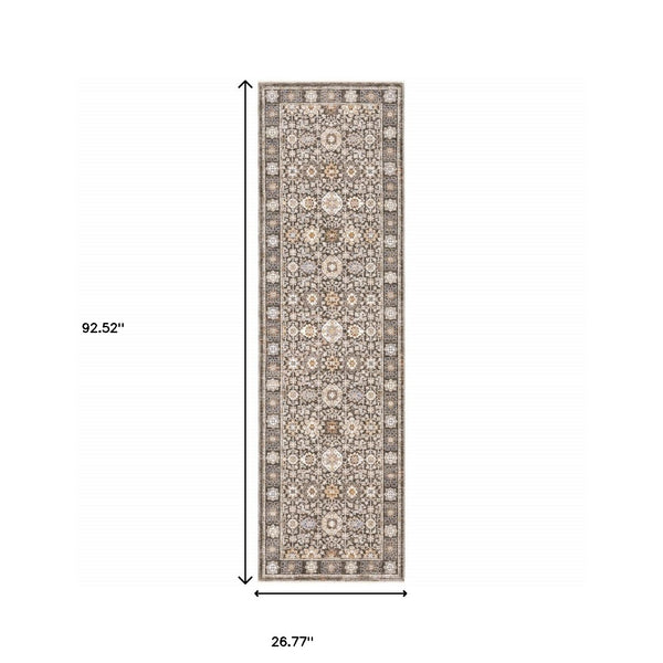 Homeroots 2' X 8' Grey And Ivory Oriental Power Loom Stain Resistant Runner Rug With Fringe Grey,Ivory Polyester 509435