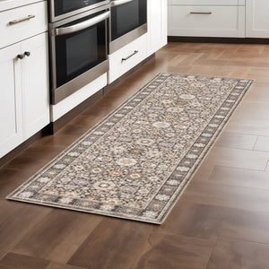 HomeRoots 2' Elegant Oriental Power Loom Runner Rug - Stain-Resistant, Stylish Fringe for High-Traffic Areas Grey/ Ivory 2'3" x 7'6" 509435