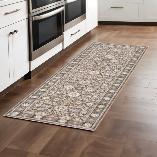 HomeRoots 2' Elegant Oriental Power Loom Runner Rug - Stain-Resistant, Stylish Fringe for High-Traffic Areas Grey/ Ivory 2'3" x 7'6" 509435