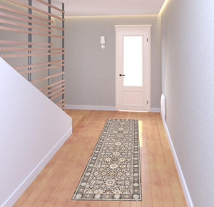 Homeroots 2' X 8' Grey And Ivory Oriental Power Loom Stain Resistant Runner Rug With Fringe Grey,Ivory Polyester 509435