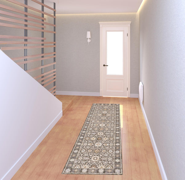 Homeroots 2' X 8' Grey And Ivory Oriental Power Loom Stain Resistant Runner Rug With Fringe Grey,Ivory Polyester 509435