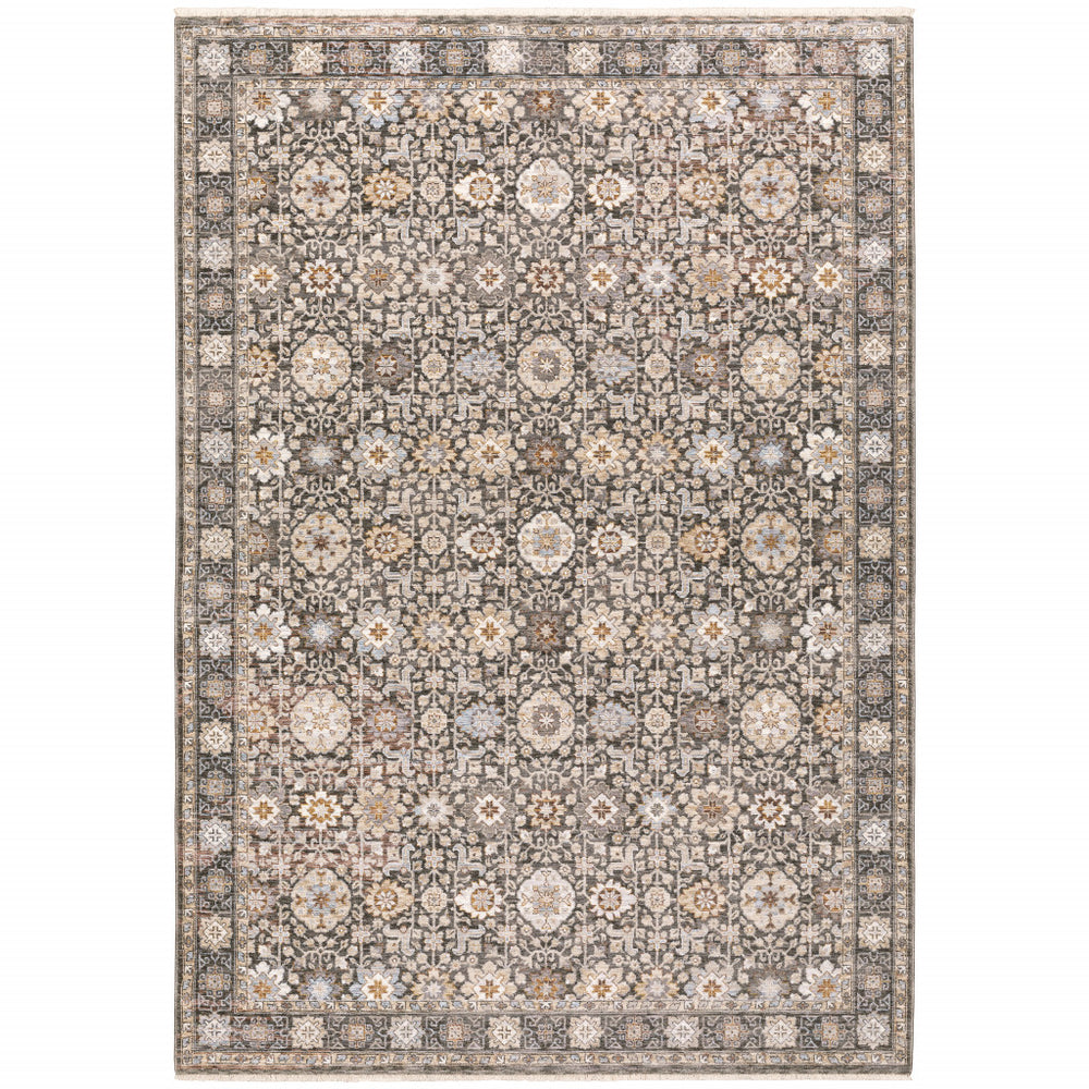 Homeroots 7' X 10' Gray And Ivory Oriental Power Loom Area Rug With Fringe Grey,Ivory Polyester 509439