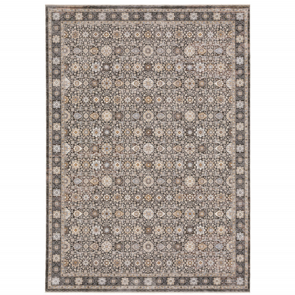 Homeroots 8' X 11' Charcoal Ivory And Beige Floral Power Loom Area Rug With Fringe Grey,Ivory Polyester 509440
