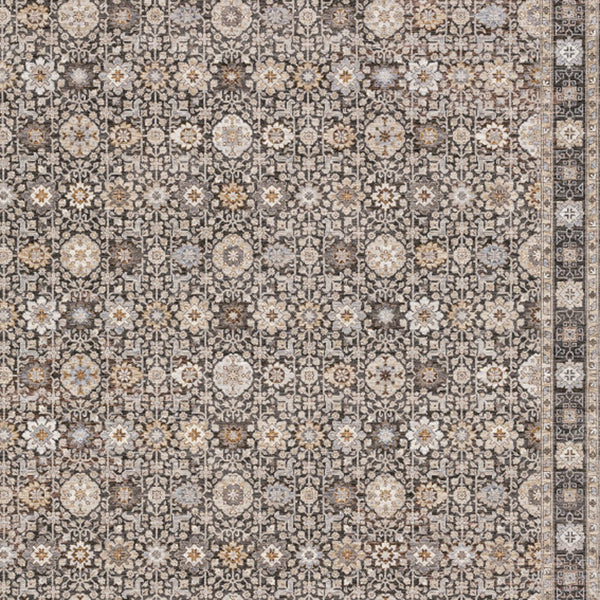 Homeroots 8' X 11' Charcoal Ivory And Beige Floral Power Loom Area Rug With Fringe Grey,Ivory Polyester 509440