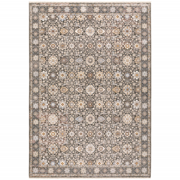 Homeroots 10' X 13' Grey And Ivory Oriental Power Loom Stain Resistant Area Rug With Fringe Grey,Ivory Polyester 509441