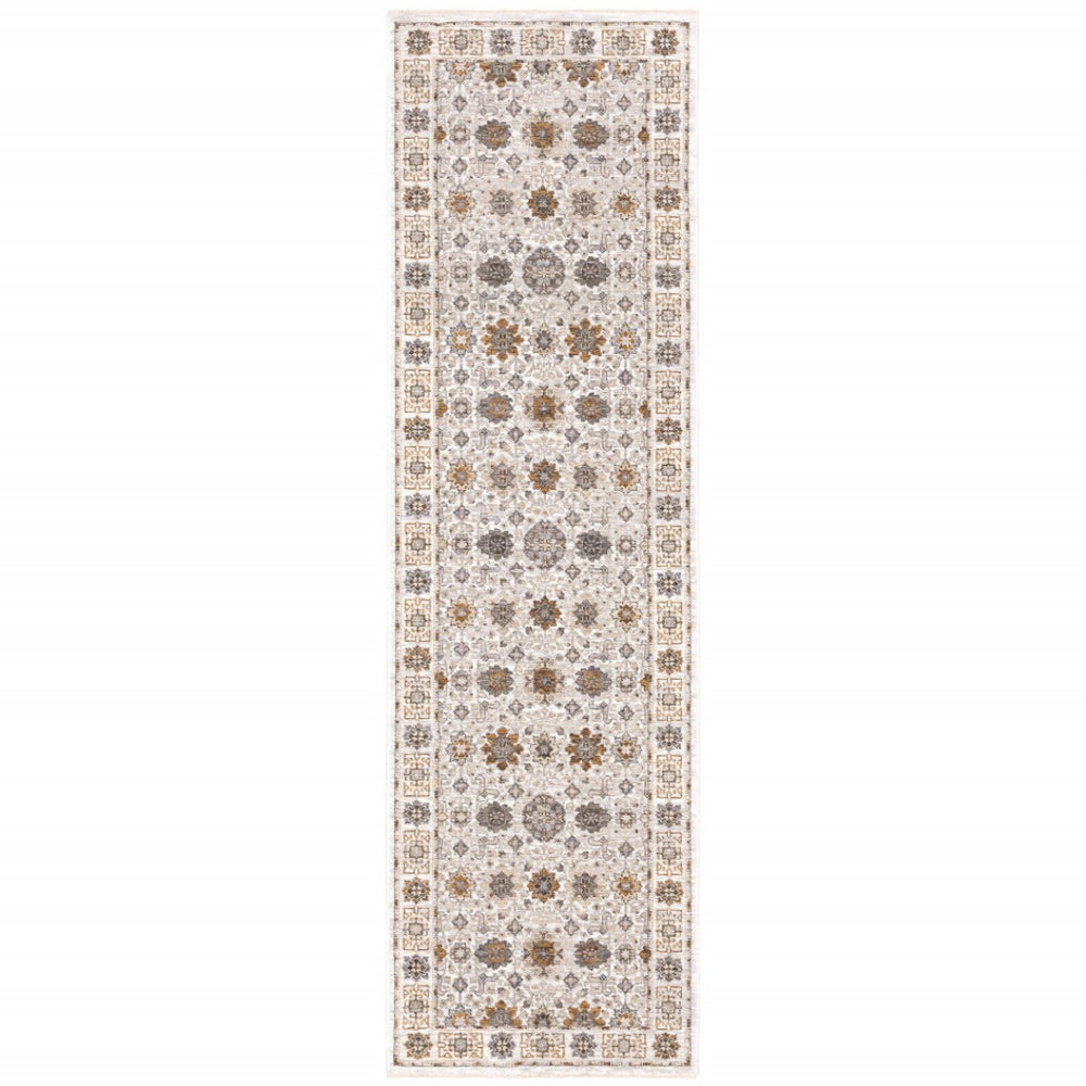 HomeRoots 2' Elegant Oriental Power Loom Runner Rug - Stain-Resistant, Stylish Fringe for High-Traffic Areas Ivory/ Gold 2'3" x 7'6" 509442