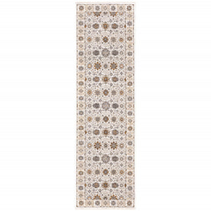 HomeRoots 2' Elegant Oriental Power Loom Runner Rug - Stain-Resistant, Stylish Fringe for High-Traffic Areas Ivory/ Gold 2'3" x 7'6" 509442