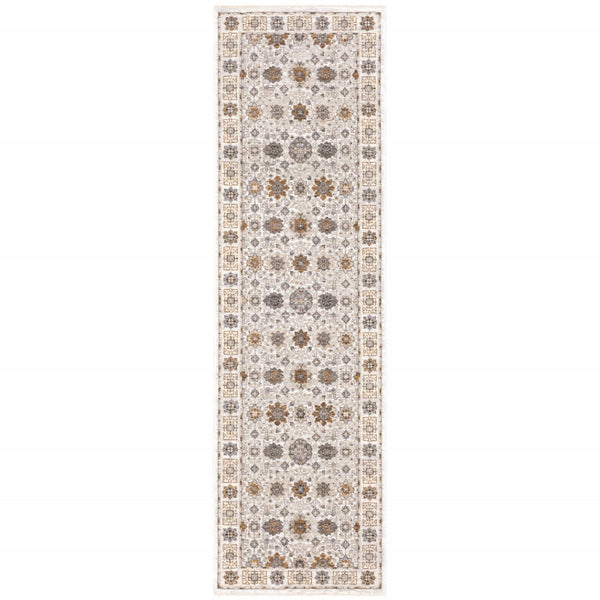 HomeRoots 2' Elegant Oriental Power Loom Runner Rug - Stain-Resistant, Stylish Fringe for High-Traffic Areas Ivory/ Gold 2'3" x 7'6" 509442