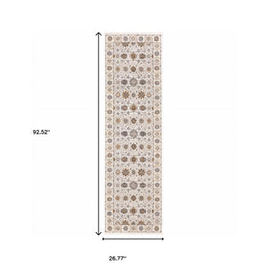 HomeRoots 2' Elegant Oriental Power Loom Runner Rug - Stain-Resistant, Stylish Fringe for High-Traffic Areas Ivory/ Gold 2'3" x 7'6" 509442