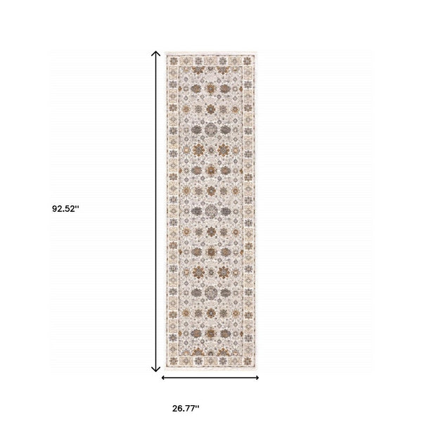 HomeRoots 2' Elegant Oriental Power Loom Runner Rug - Stain-Resistant, Stylish Fringe for High-Traffic Areas Ivory/ Gold 2'3" x 7'6" 509442