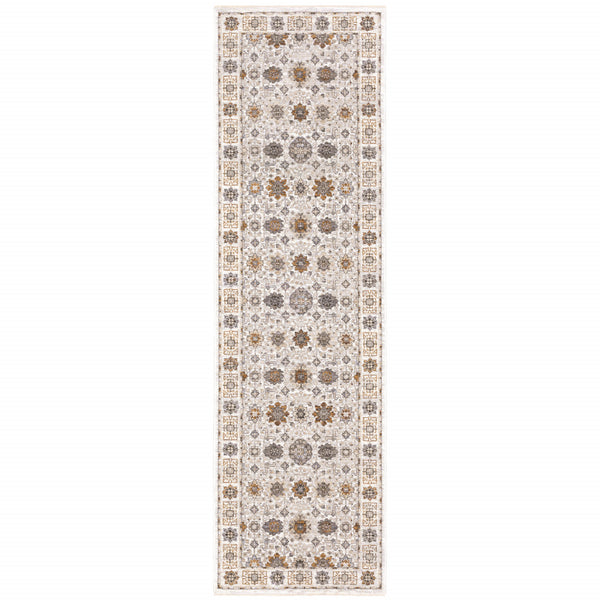 Homeroots 2' X 8' Ivory And Gold Oriental Power Loom Stain Resistant Runner Rug With Fringe Ivory,Gold Polyester 509442