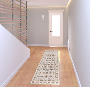 Homeroots 2' X 8' Ivory And Gold Oriental Power Loom Stain Resistant Runner Rug With Fringe Ivory,Gold Polyester 509442