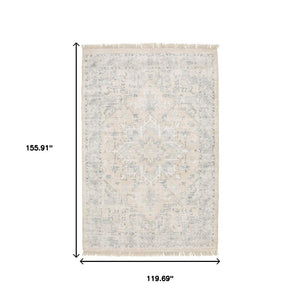 HomeRoots 10' Hand Loomed Beige and Grey Oriental Area Rug - Stain Resistant Design with Elegant Fringe Trim 10' X 13' 509449
