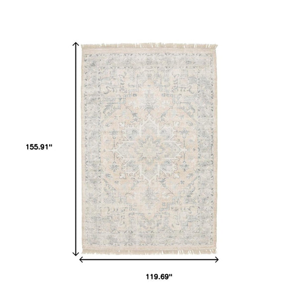 HomeRoots 10' Hand Loomed Beige and Grey Oriental Area Rug - Stain Resistant Design with Elegant Fringe Trim 10' X 13' 509449