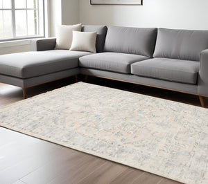 HomeRoots 10' Hand Loomed Beige and Grey Oriental Area Rug - Stain Resistant Design with Elegant Fringe Trim 10' X 13' 509449