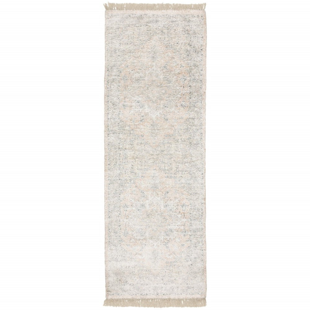 HomeRoots 10' Hand Loomed Beige and Grey Oriental Area Rug - Stain Resistant Design with Elegant Fringe Trim 2'6" x 8' 509450