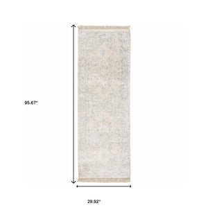 Homeroots 8' Beige And Ivory Oriental Hand Loomed Runner Rug With Fringe  Polyester 509450