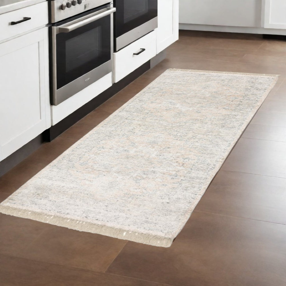 HomeRoots 10' Hand Loomed Beige and Grey Oriental Area Rug - Stain Resistant Design with Elegant Fringe Trim 2'6" x 8' 509450