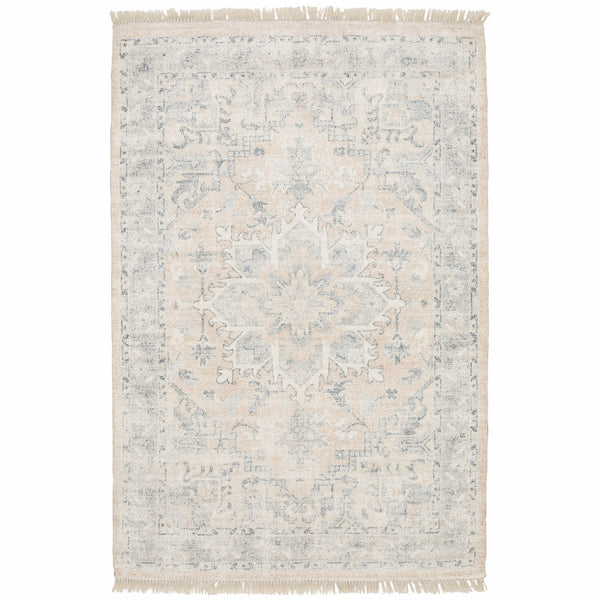 Homeroots 5' X 8' Beige And Grey Oriental Hand Loomed Stain Resistant Area Rug With Fringe  Polyester 509451