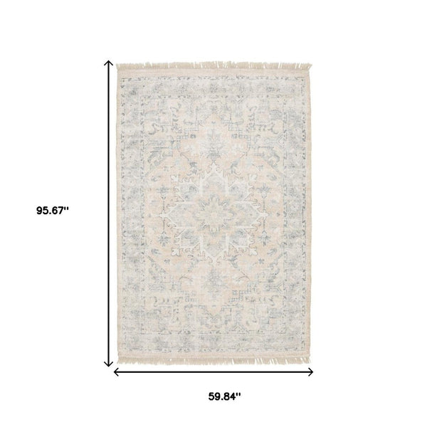 HomeRoots 10' Hand Loomed Beige and Grey Oriental Area Rug - Stain Resistant Design with Elegant Fringe Trim 5' X 8' 509451