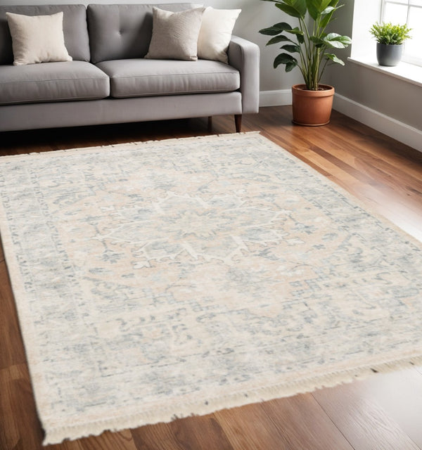 HomeRoots 10' Hand Loomed Beige and Grey Oriental Area Rug - Stain Resistant Design with Elegant Fringe Trim 5' X 8' 509451
