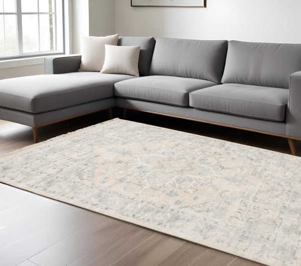 HomeRoots 10' Hand Loomed Beige and Grey Oriental Area Rug - Stain Resistant Design with Elegant Fringe Trim 8' X 10' 509452