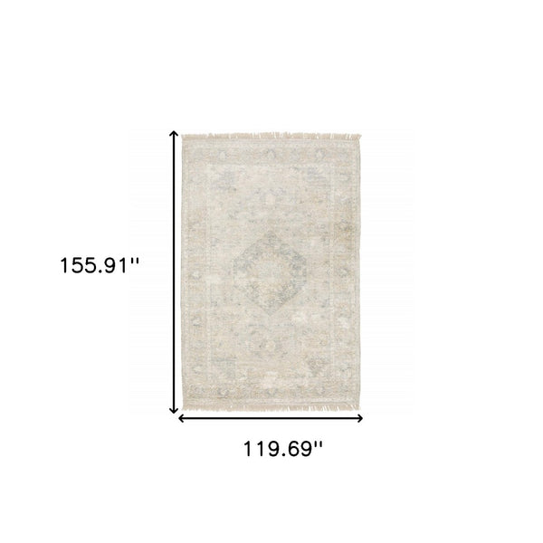 HomeRoots 10' Hand Loomed Beige and Gray Oriental Area Rug - Distressed Design with Fringe for Timeless Elegance 10' X 13' 509453