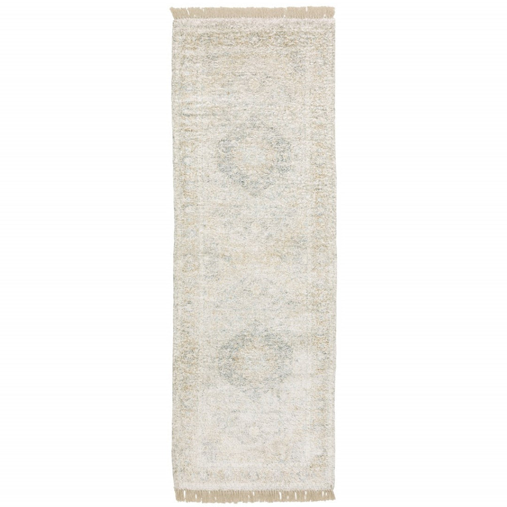 HomeRoots 10' Hand Loomed Beige and Gray Oriental Area Rug - Distressed Design with Fringe for Timeless Elegance 2'6" x 8' 509454