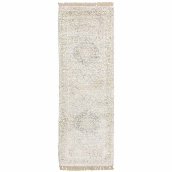 HomeRoots 10' Hand Loomed Beige and Gray Oriental Area Rug - Distressed Design with Fringe for Timeless Elegance 2'6" x 8' 509454