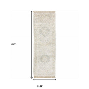 HomeRoots 10' Hand Loomed Beige and Gray Oriental Area Rug - Distressed Design with Fringe for Timeless Elegance 2'6" x 8' 509454