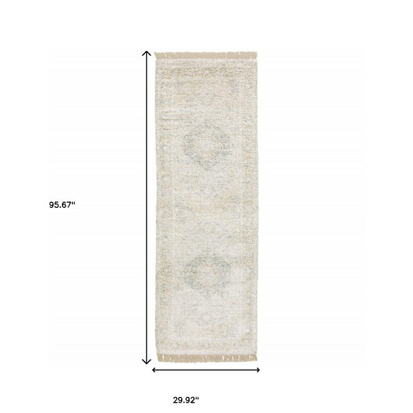 HomeRoots 10' Hand Loomed Beige and Gray Oriental Area Rug - Distressed Design with Fringe for Timeless Elegance 2'6" x 8' 509454