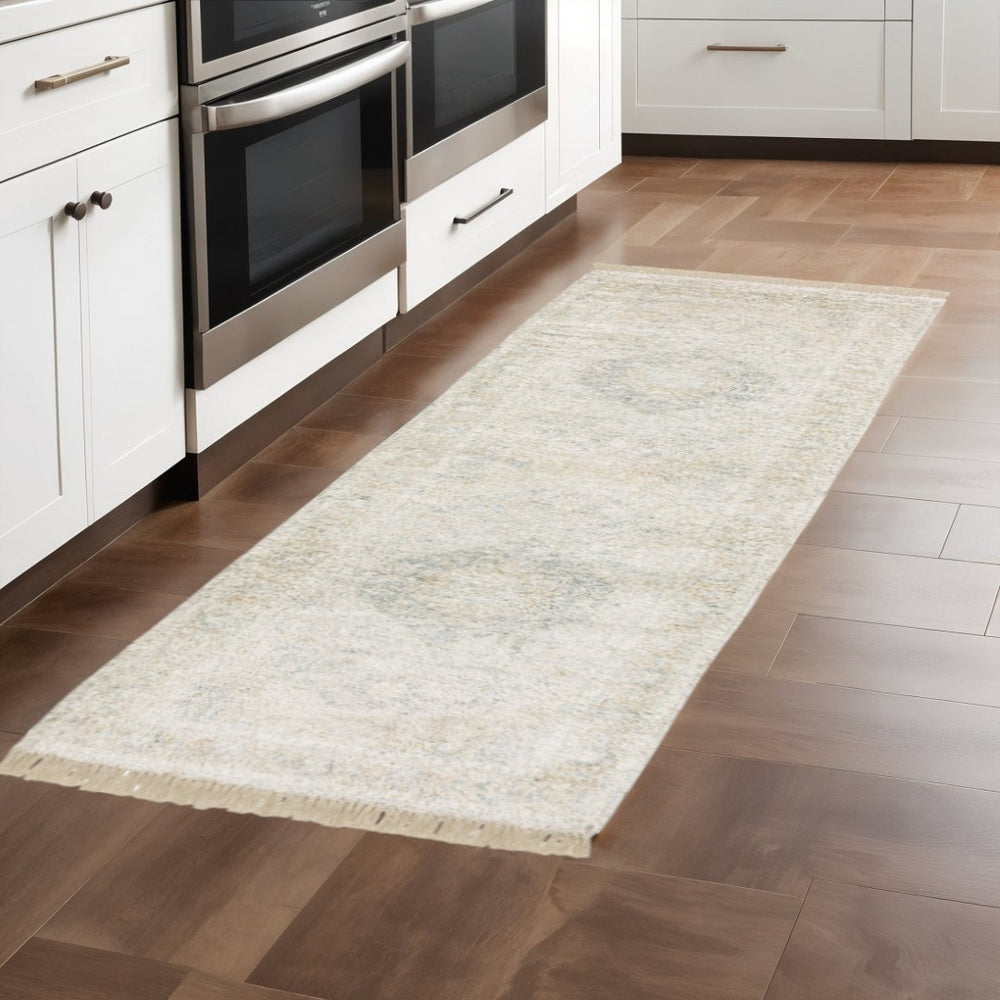 HomeRoots 10' Hand Loomed Beige and Gray Oriental Area Rug - Distressed Design with Fringe for Timeless Elegance 2'6" x 8' 509454