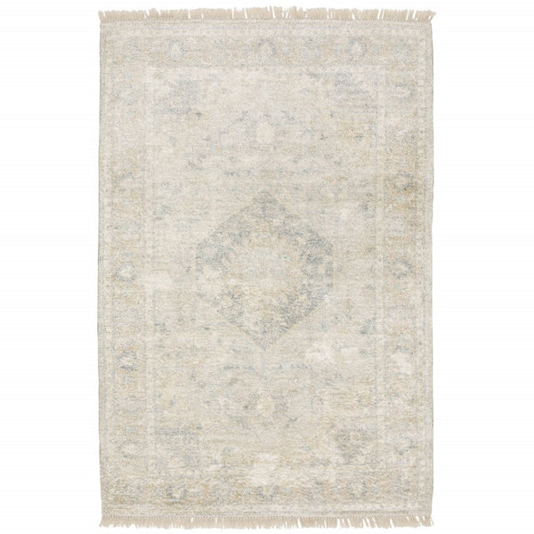 HomeRoots 10' Hand Loomed Beige and Gray Oriental Area Rug - Distressed Design with Fringe for Timeless Elegance 5' X 8' 509455