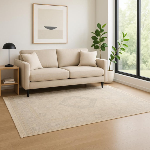 HomeRoots 10' Hand Loomed Beige and Gray Oriental Area Rug - Distressed Design with Fringe for Timeless Elegance 5' X 8' 509455