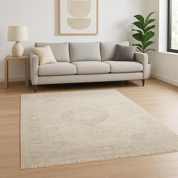 HomeRoots 10' Hand Loomed Beige and Gray Oriental Area Rug - Distressed Design with Fringe for Timeless Elegance 8' X 10' 509456