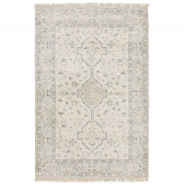 Homeroots 10' X 13' Beige And Charcoal Oriental Hand Loomed Stain Resistant Area Rug With Fringe Beige,Charcoal Polyester 509457