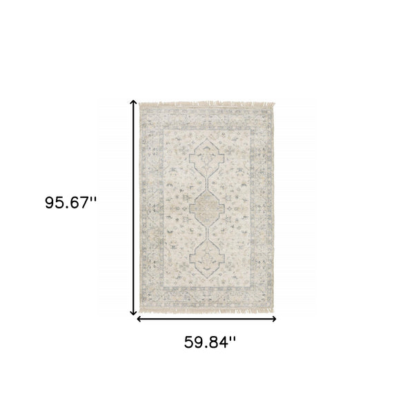 Homeroots 5' X 8' Beige And Charcoal Oriental Hand Loomed Stain Resistant Area Rug With Fringe Beige,Charcoal Polyester 509459