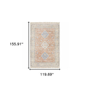 Homeroots 10' X 13' Orange And Blue Oriental Hand Loomed Stain Resistant Area Rug With Fringe Orange,Blue Polyester 509461