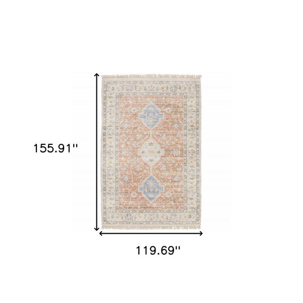 Homeroots 10' X 13' Orange And Blue Oriental Hand Loomed Stain Resistant Area Rug With Fringe Orange,Blue Polyester 509461