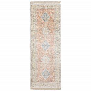 Homeroots 8' Blue And Orange Oriental Hand Loomed Runner Rug With Fringe Orange,Blue Polyester 509462
