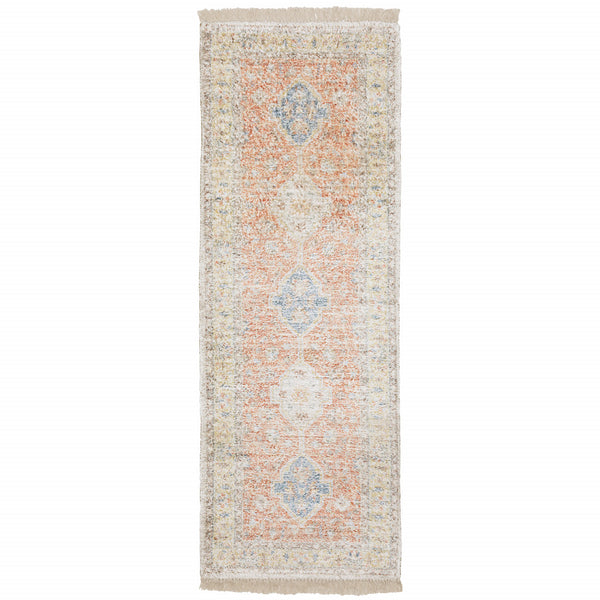 Homeroots 8' Blue And Orange Oriental Hand Loomed Runner Rug With Fringe Orange,Blue Polyester 509462