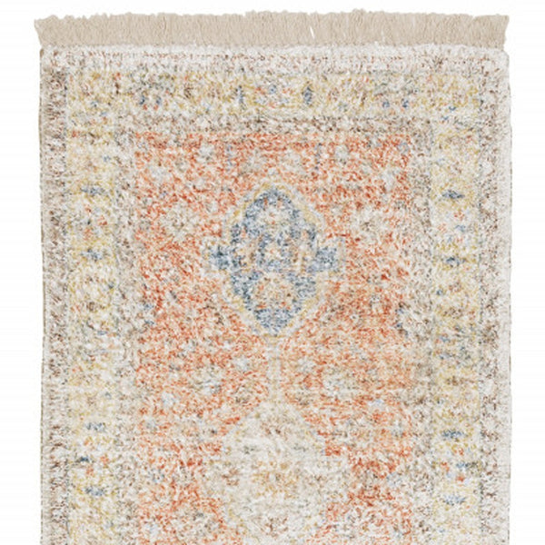 Homeroots 8' Blue And Orange Oriental Hand Loomed Runner Rug With Fringe Orange,Blue Polyester 509462
